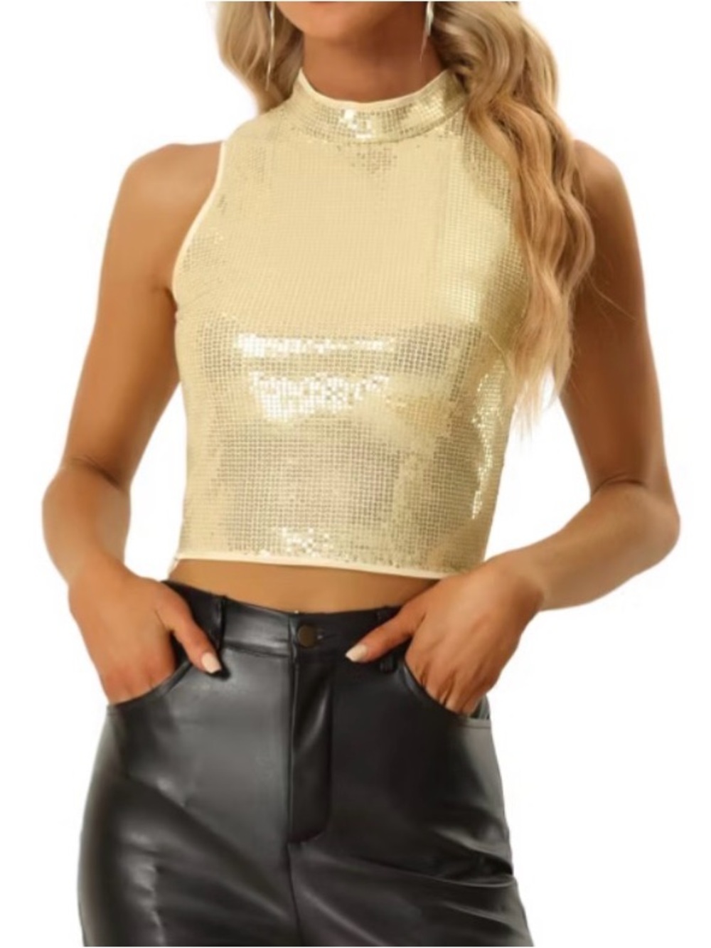 Allegra K Sleeveless Party Metallic Sparkly Sequin Mock-Neck Top Light Gold, S